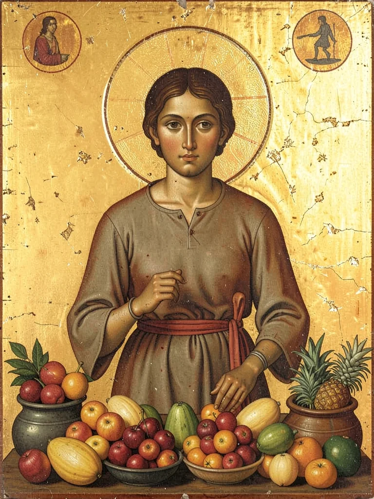 Market vendor surrounded by piled fruit, frontal symmetrical composition