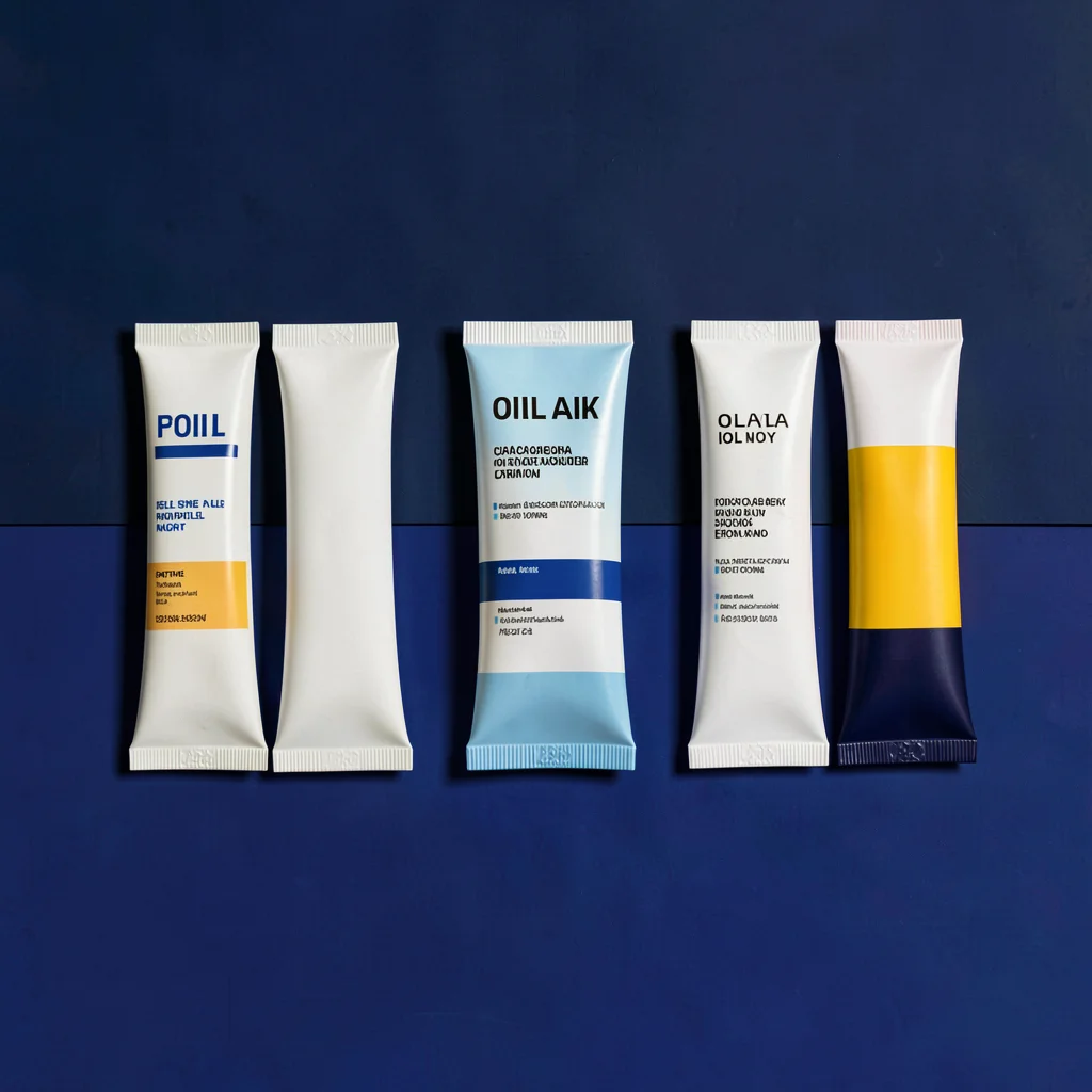 Catalog shot of a row of oil paint tubes on a deep navy color-block, crisp wrapa
