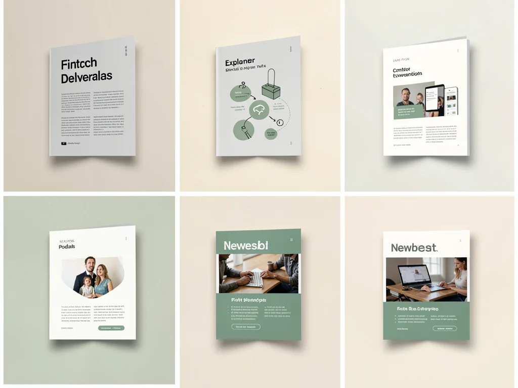 Sweeping 4×2 grid montage of fintech content deliverables — paper-fold blog head