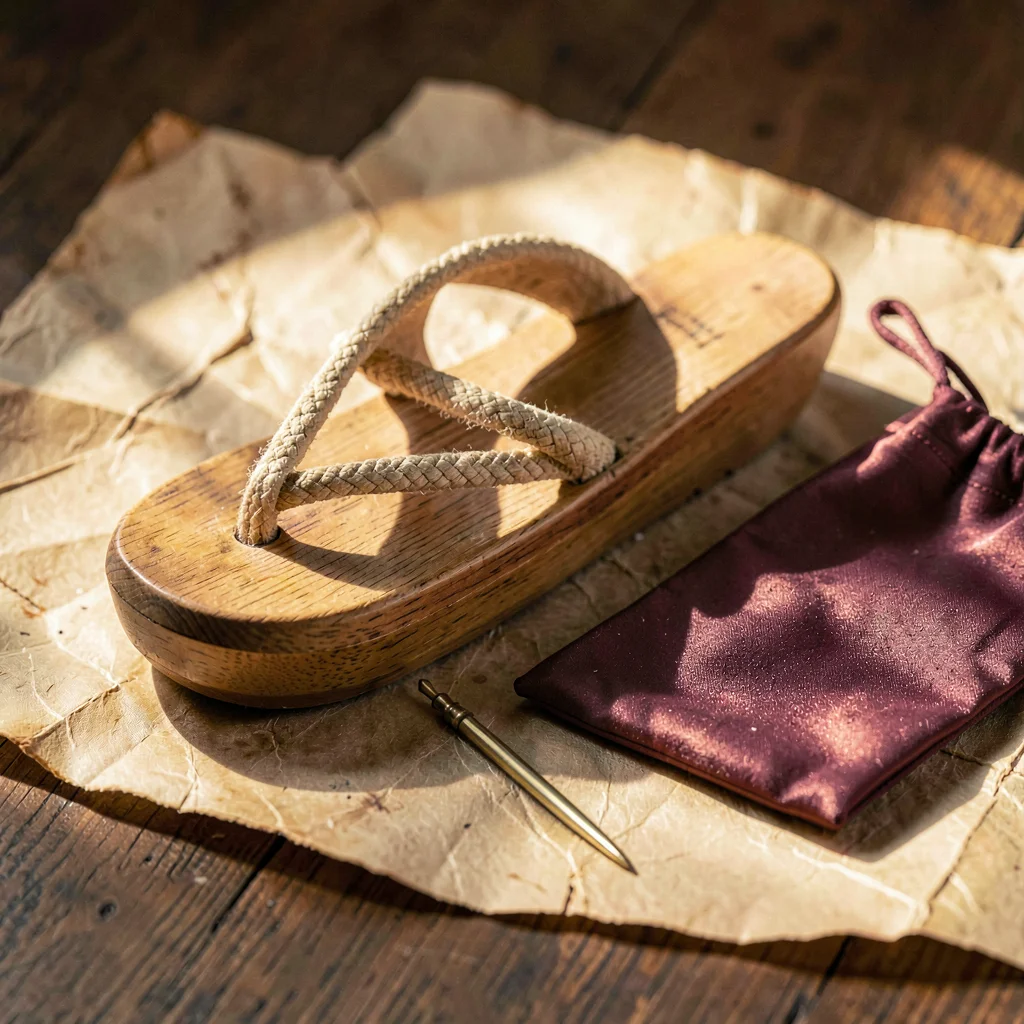 Warmstack tabletop of a wooden geta sandal, hairpin, and silk pouch on aged parc