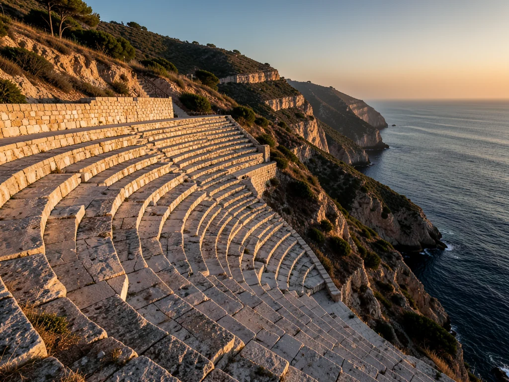 Ancient stone amphitheater carved into a hillside overlooking the sea