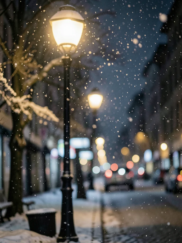 Snowflakes falling past streetlamp at night, shallow depth, peaceful