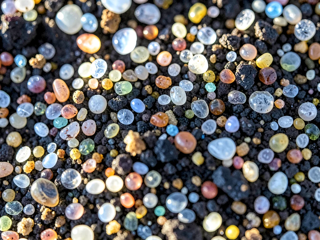 Backlit sand grains showing translucency variation