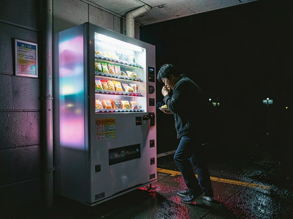 Person eating vending machine sandwich at bus station, the desperation meal in h