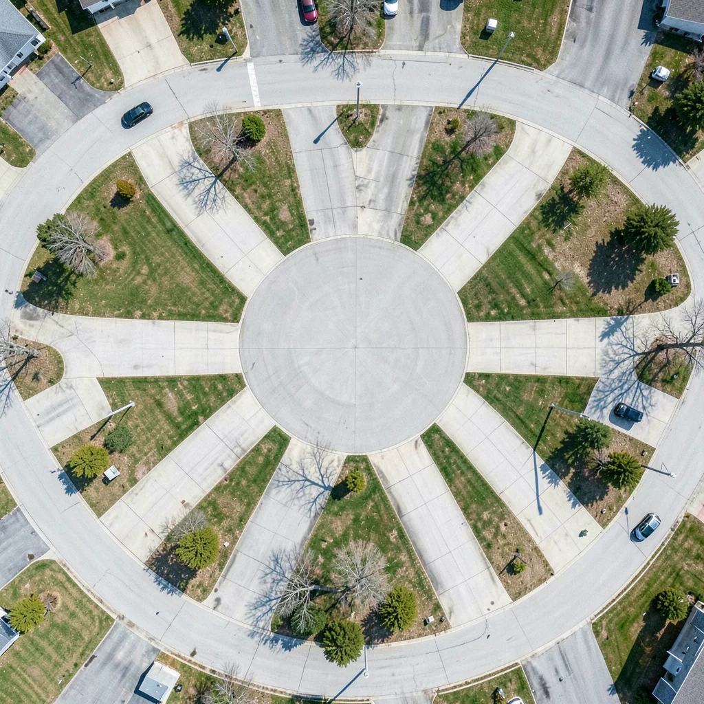 Suburban cul-de-sac from directly above, identical driveways radiating like flow