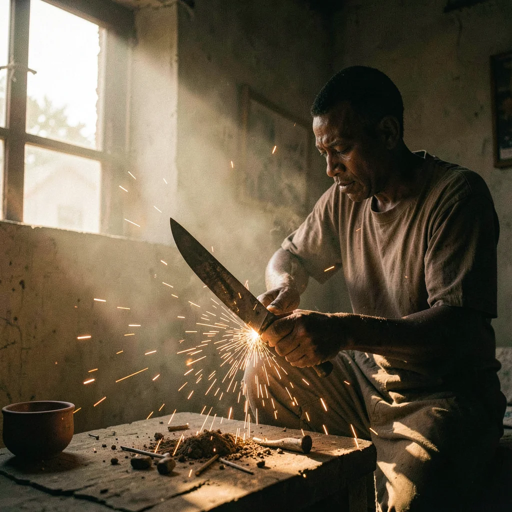 Golden Harmattan dust haze in Bamako, Mali, Blacksmith forging knife, sparks fly