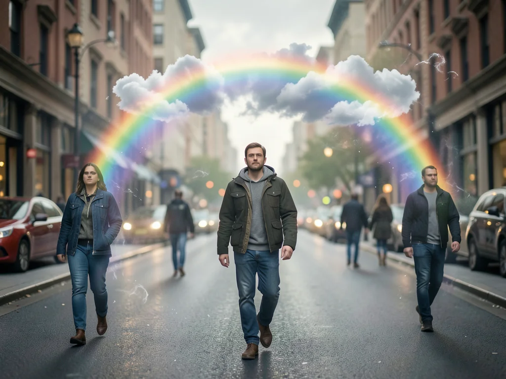 Person with a personal rainbow arc following them down a city street, others una