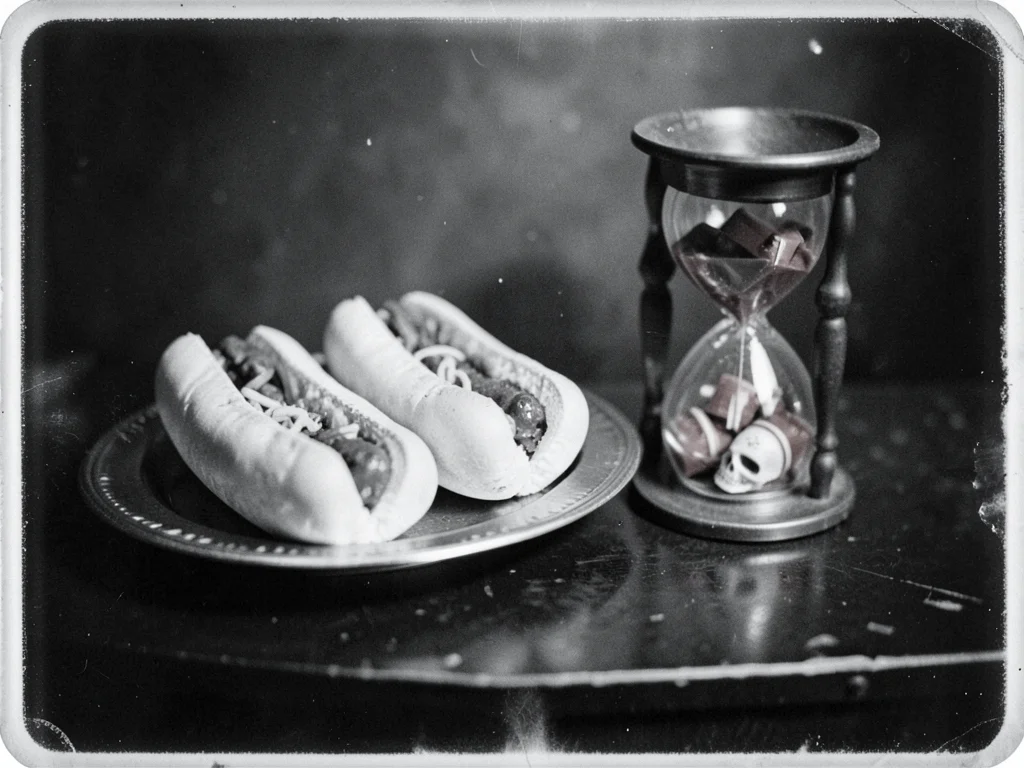 Three gas station hot dogs on a silver tray beside a skull-shaped candy dish and