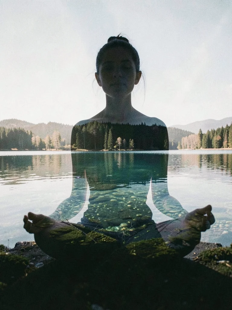 Meditating woman overlaid with clear still lake, the calm she's trying to reach