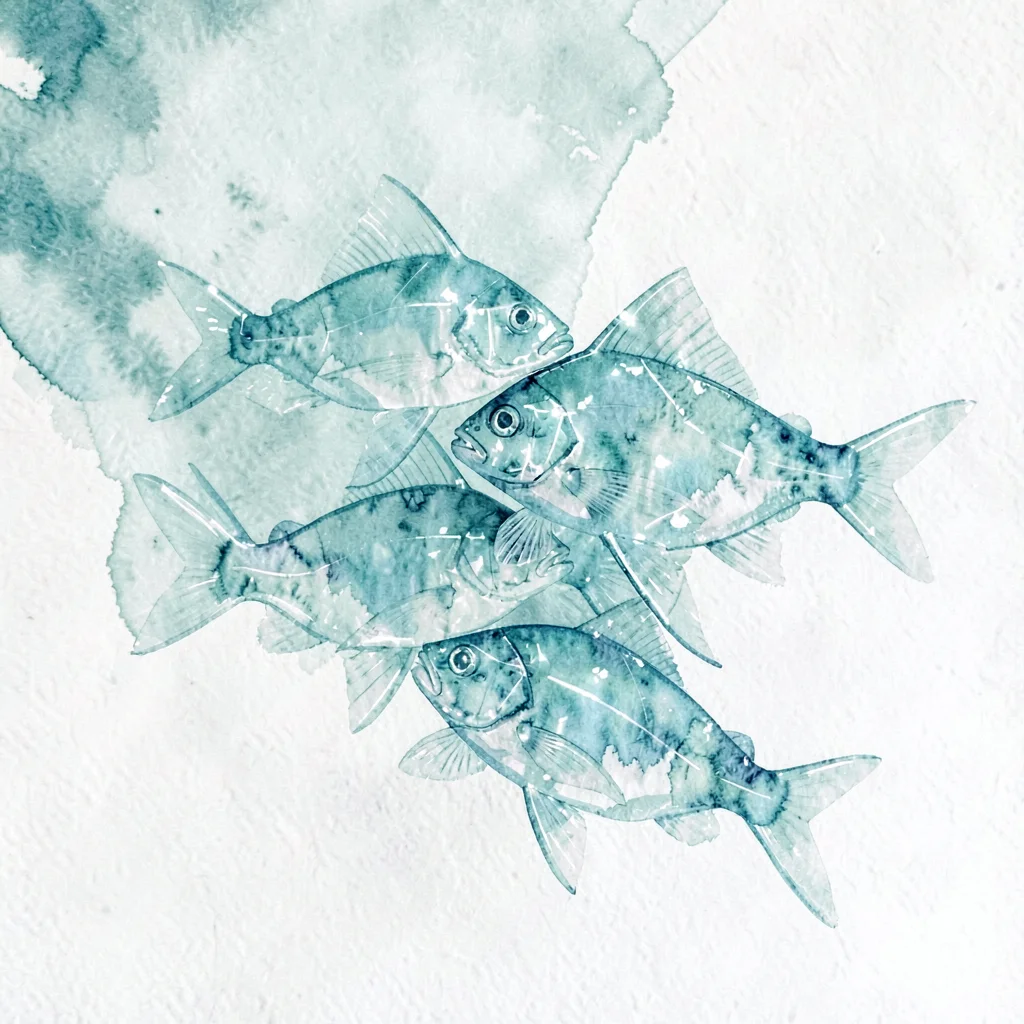 Cluster of aquamarine lowpoly fish suspended mid-swim with overlapping transluce