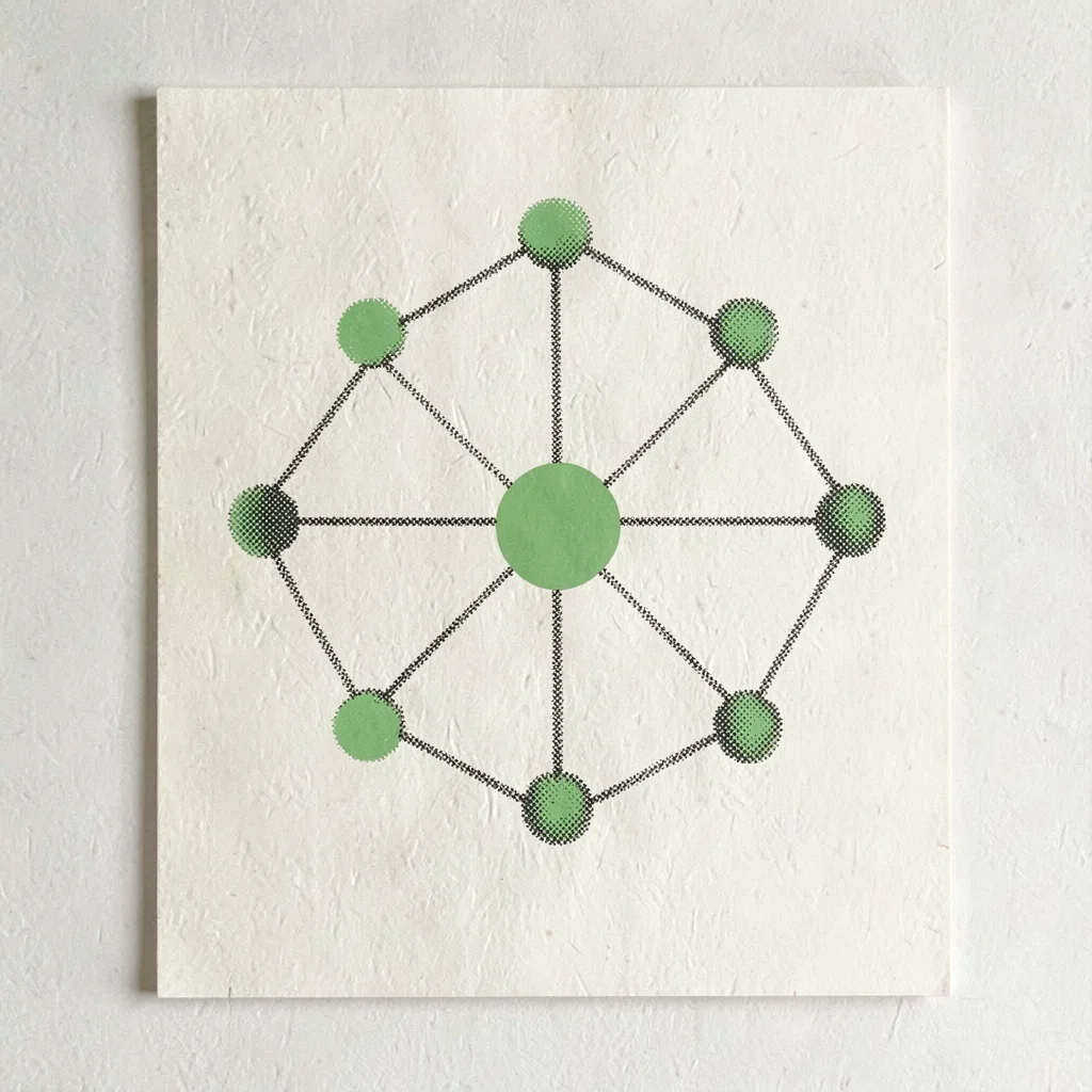 Riso flyer motif of a halftone connected-network graph with a single highlighted