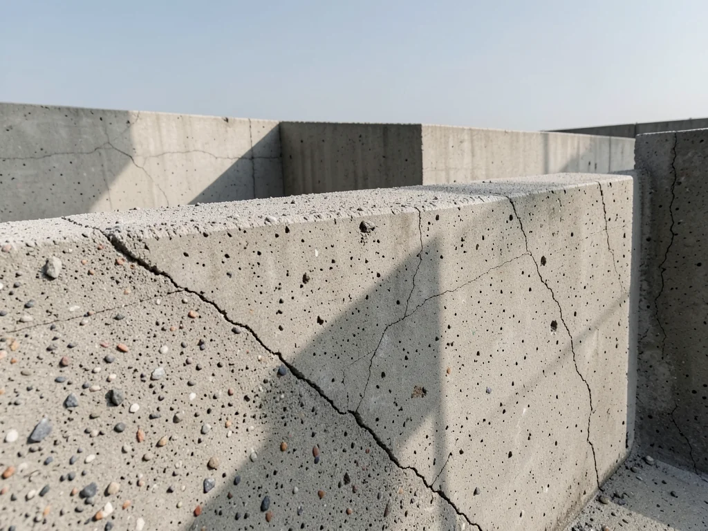 Brutalist concrete pool structure, geometric shadows, clear summer sky