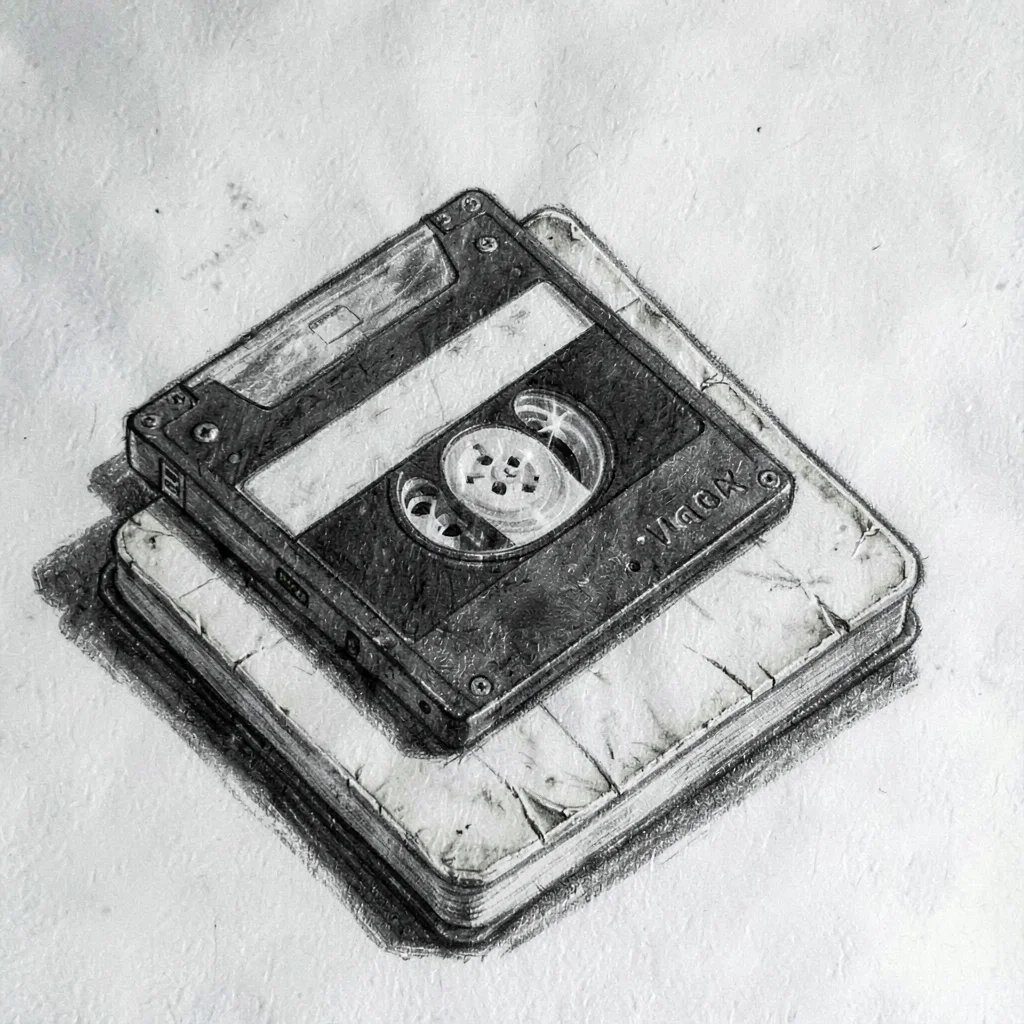 Charcoal study of a single VHS lying half out of its case on a worn ledger, sing