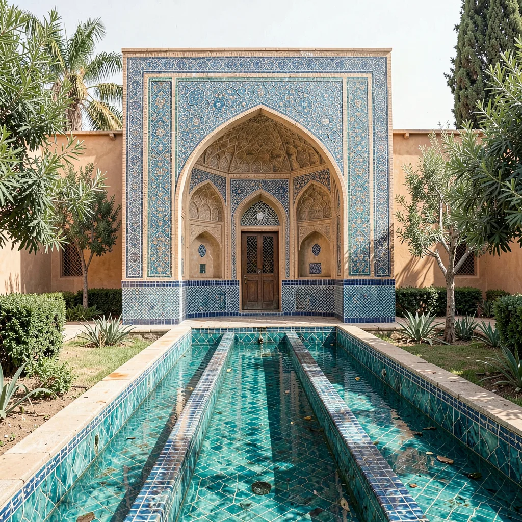 Isfahan Safavid tilework, turquoise geometric infinity, Water channel lined with