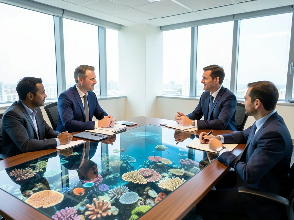 Office meeting but table reflection shows underwater coral reef