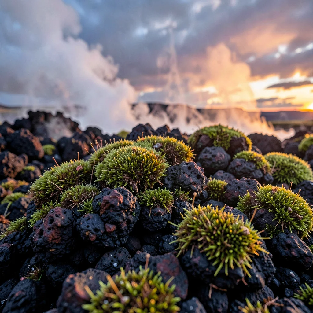 Volcanic otherworldly light in Iceland, close-up of moss on lava rock, the intri
