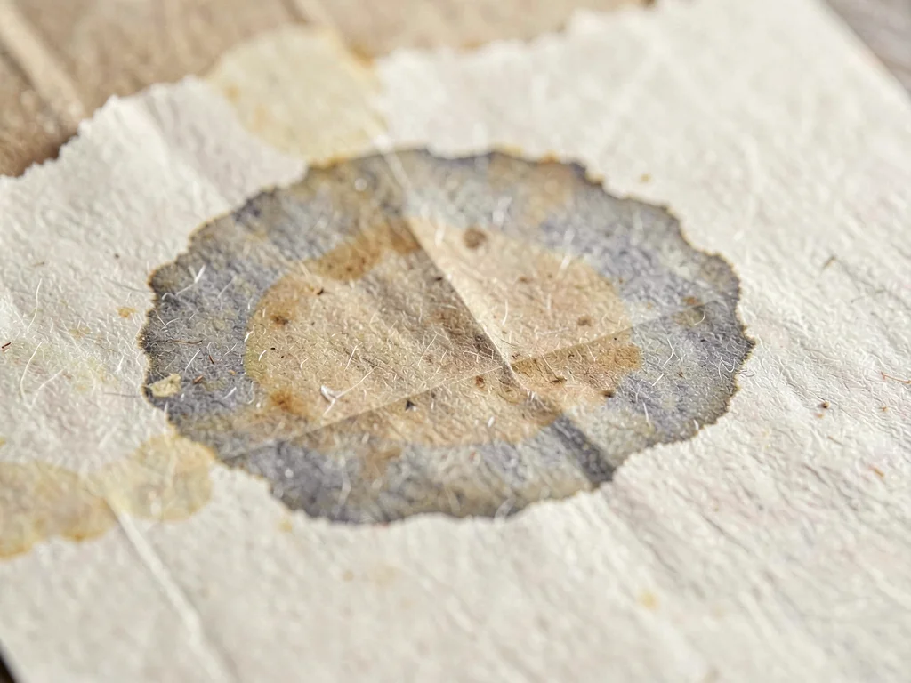 Water-stain ring pooled across newsprint blank leaving a faded grey halo bleedin