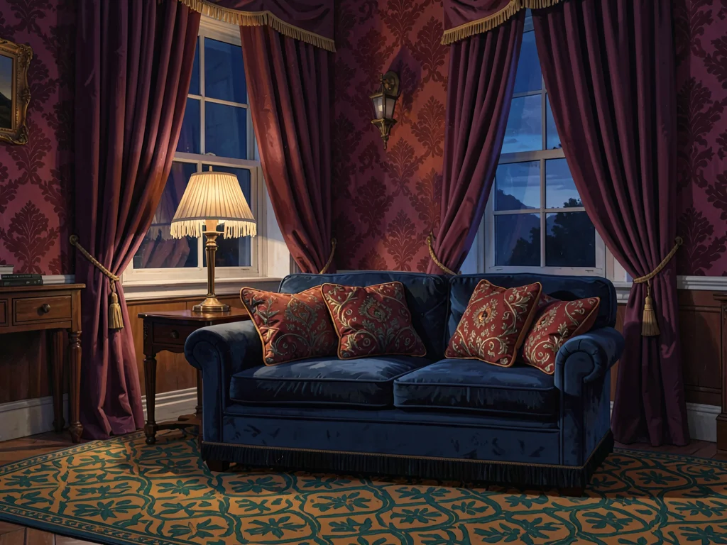 Heavy-curtained oligarch's drawing room at deep evening with one fringed silk la
