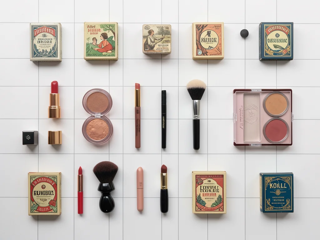 A vintage makeup collection: compact, lipstick, powder brush, eyeliner, rouge, a