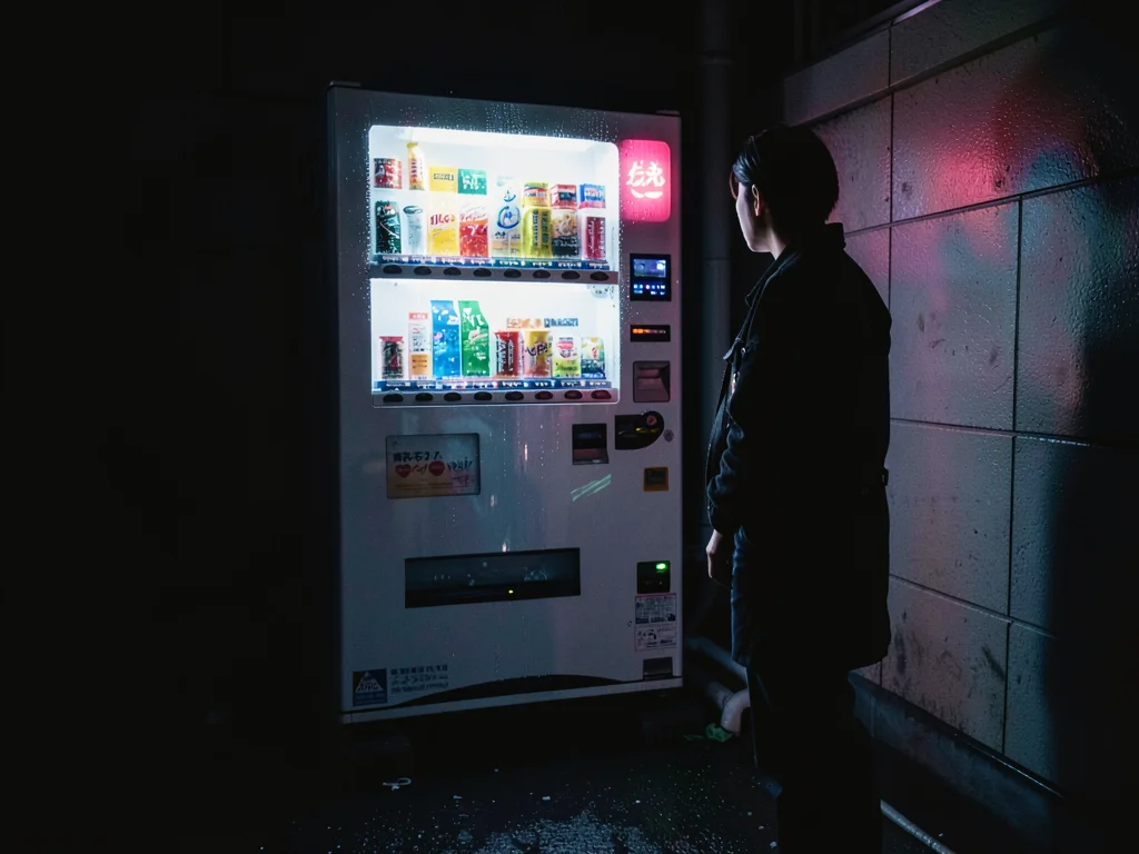 Person staring at vending machine at 4am, not buying, just standing in the light