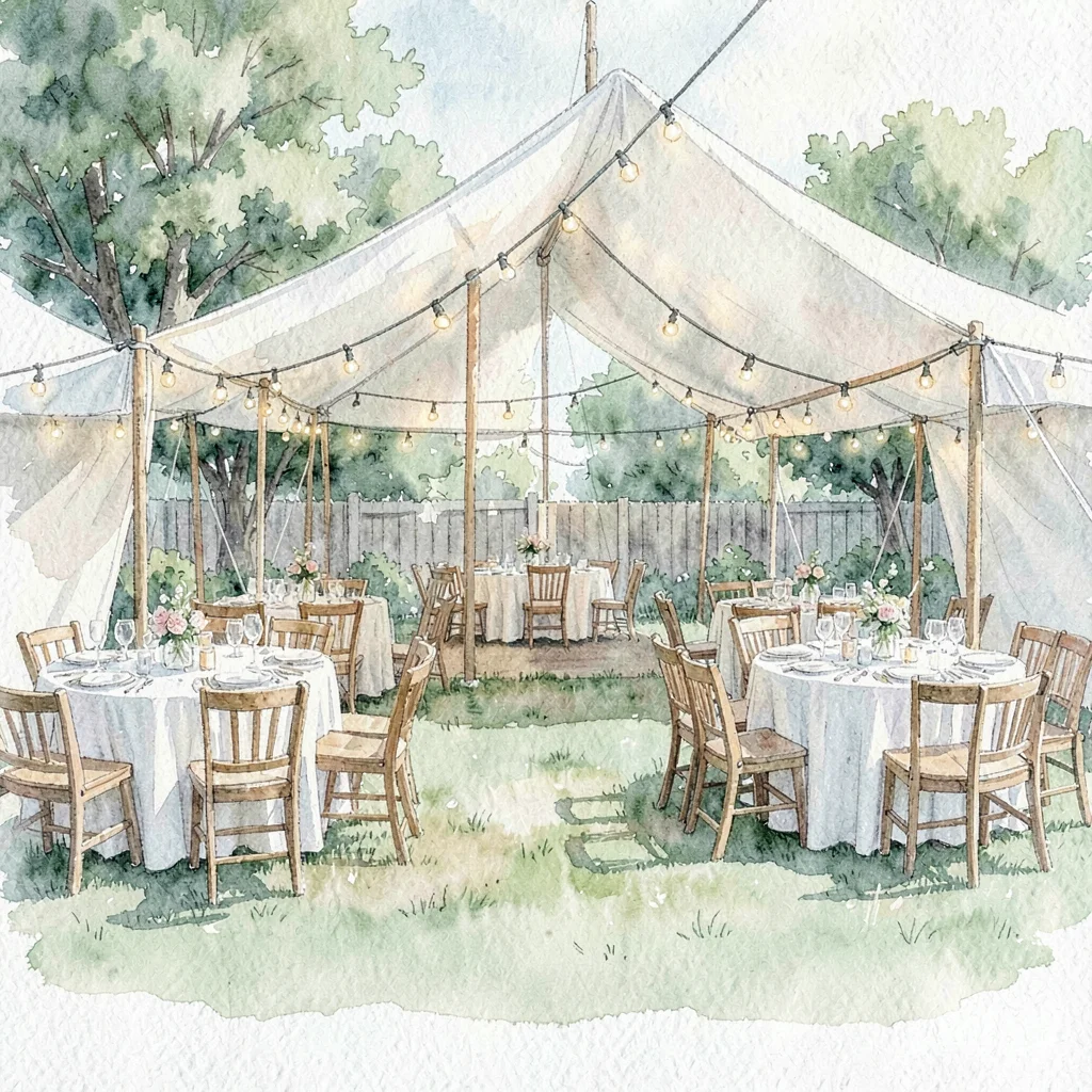 Watercolor of a backyard tented reception with patio lights and round tables
