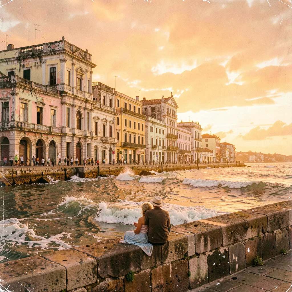 Faded pastel decay of Havana, Cuba, Malecon at sunset, couple sitting on seawall