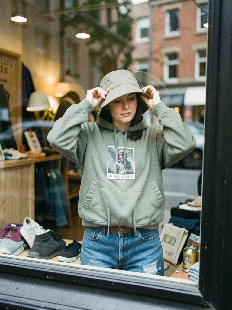 Person adjusting a bucket hat in a shop window reflection, layered streetwear