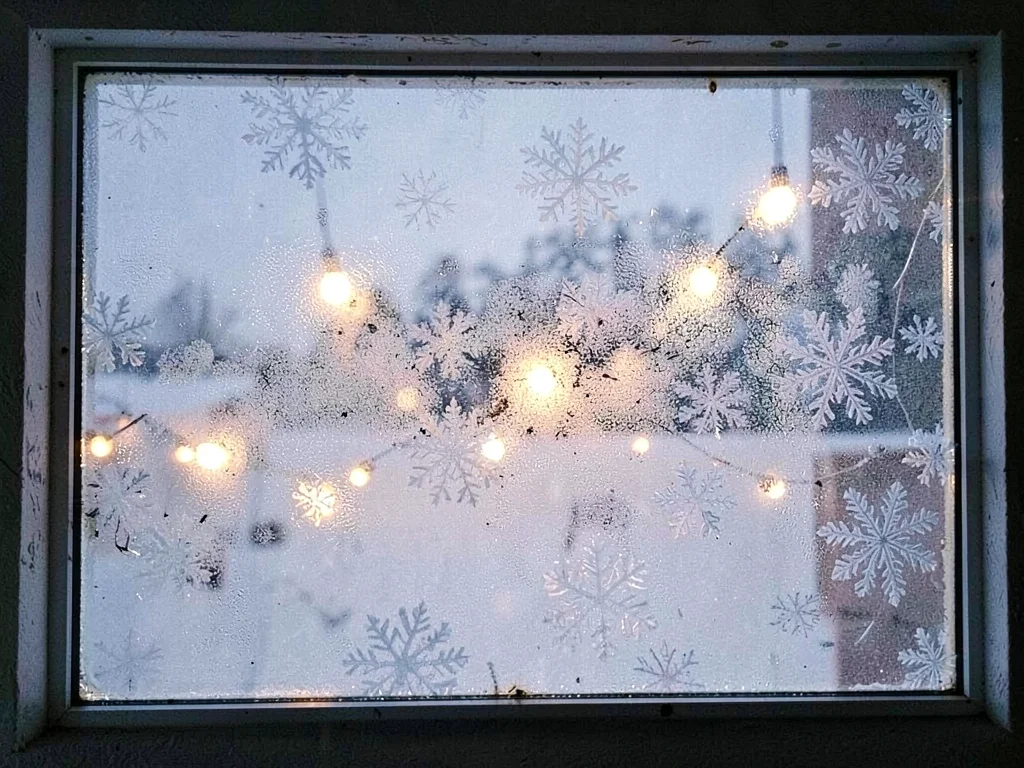 Outside lights visible through frost pattern