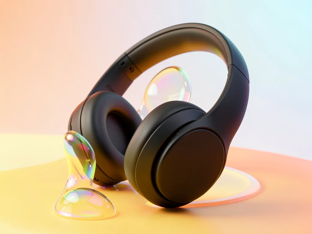 Sleek matte-black headphones tilted at a three-quarter angle on a buttery yellow