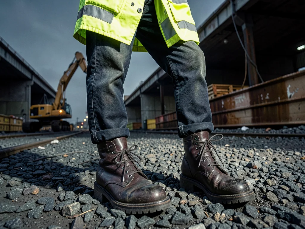 Steel-toed boots on gravel, low angle fashion photography, utilitarian elegance