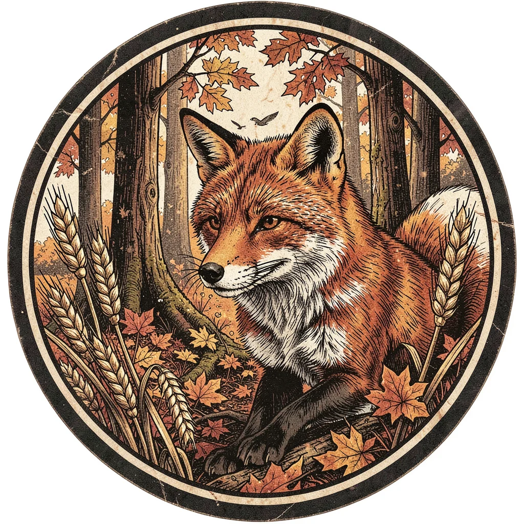 Craft beer label illustration, Fox in autumn forest with barley , brewery label 