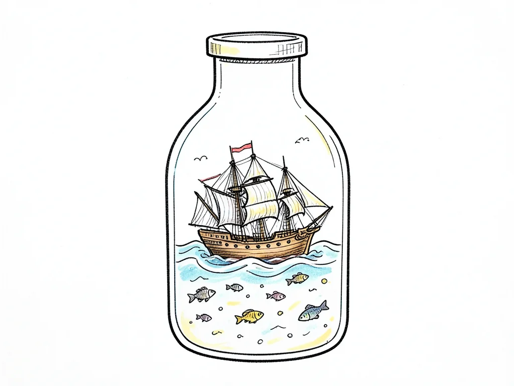 A ship in a bottle, the bottle drawn with simple lines, the ship inside more det