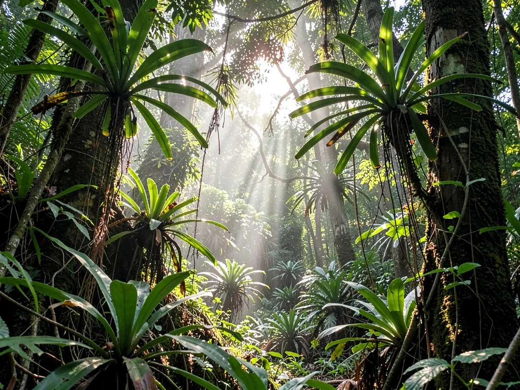 Bromeliads catching light in canopy opening