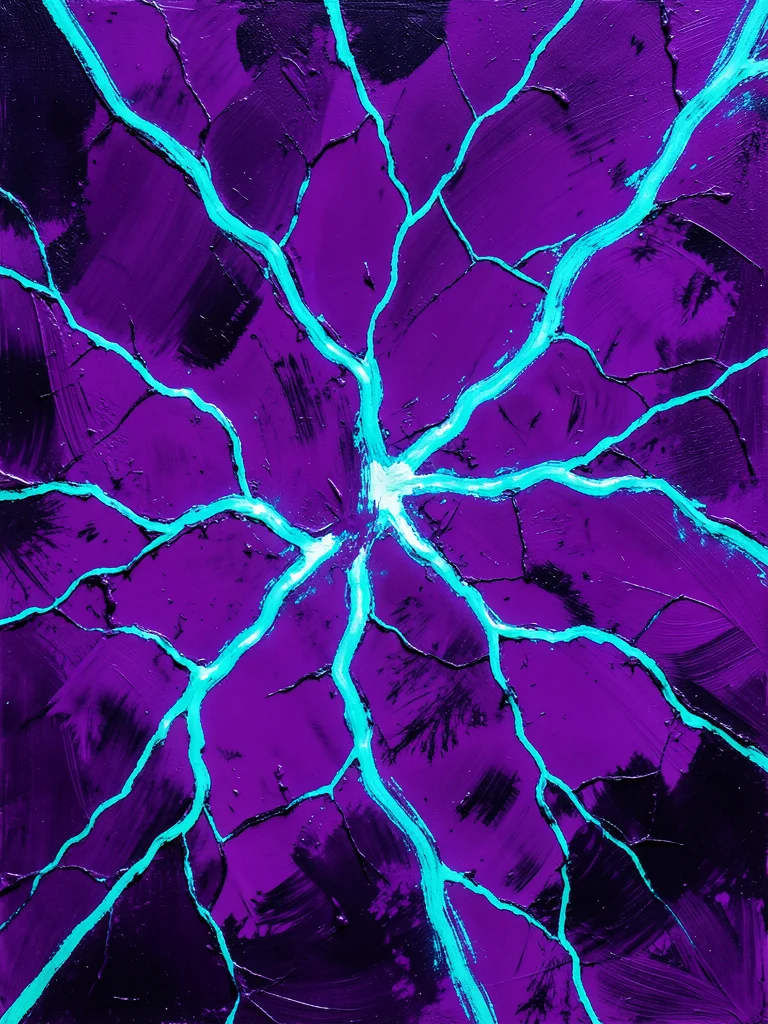 Deep purple field with phosphorescent turquoise cracks, as if light breaking thr