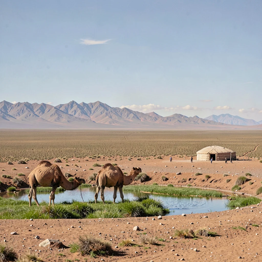 Gobi steppe horizontal, Mongolian vastness, Two camels resting at oasis, green g