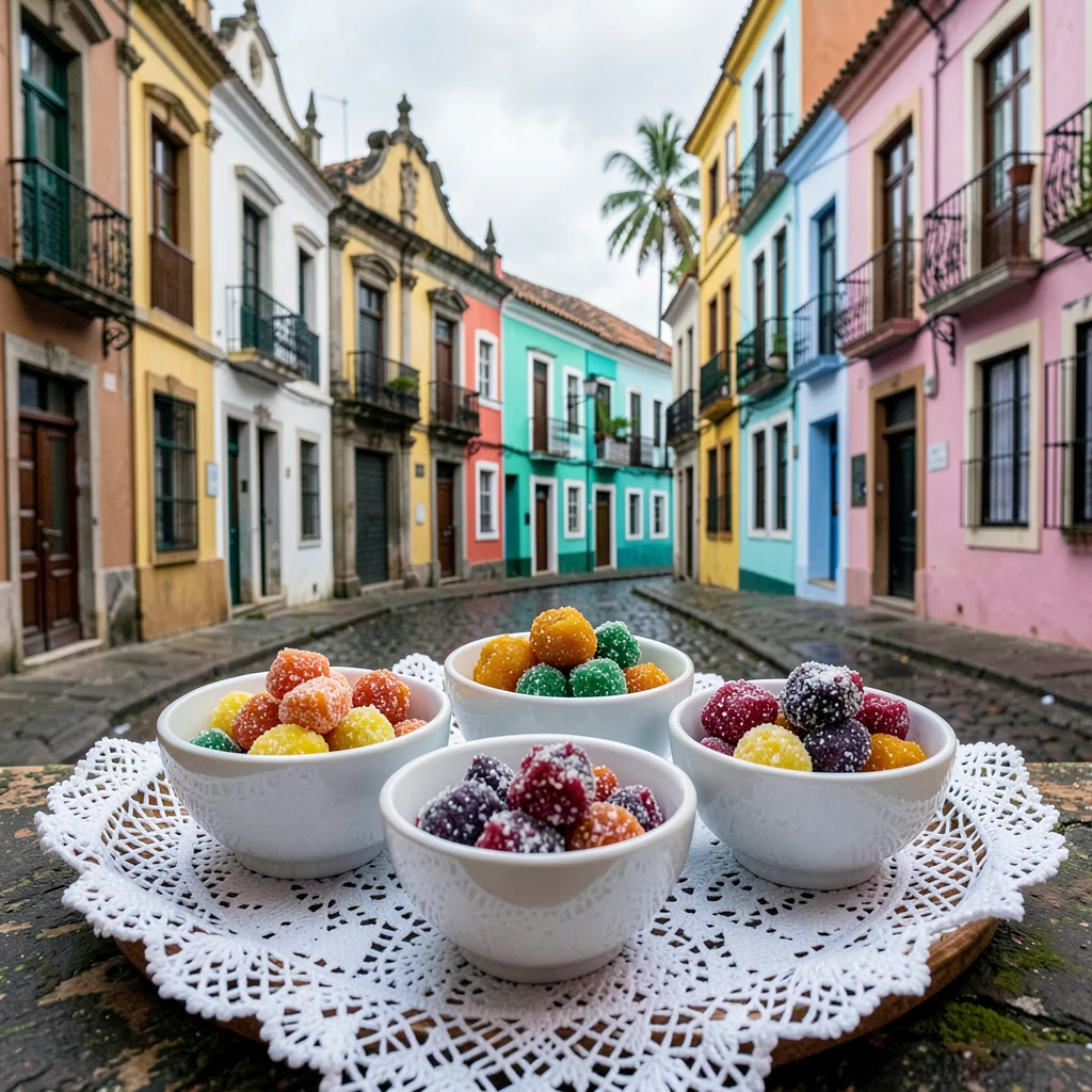 Salvador Pelourinho color, Bahian colonial saturation, White ceramic bowls of co