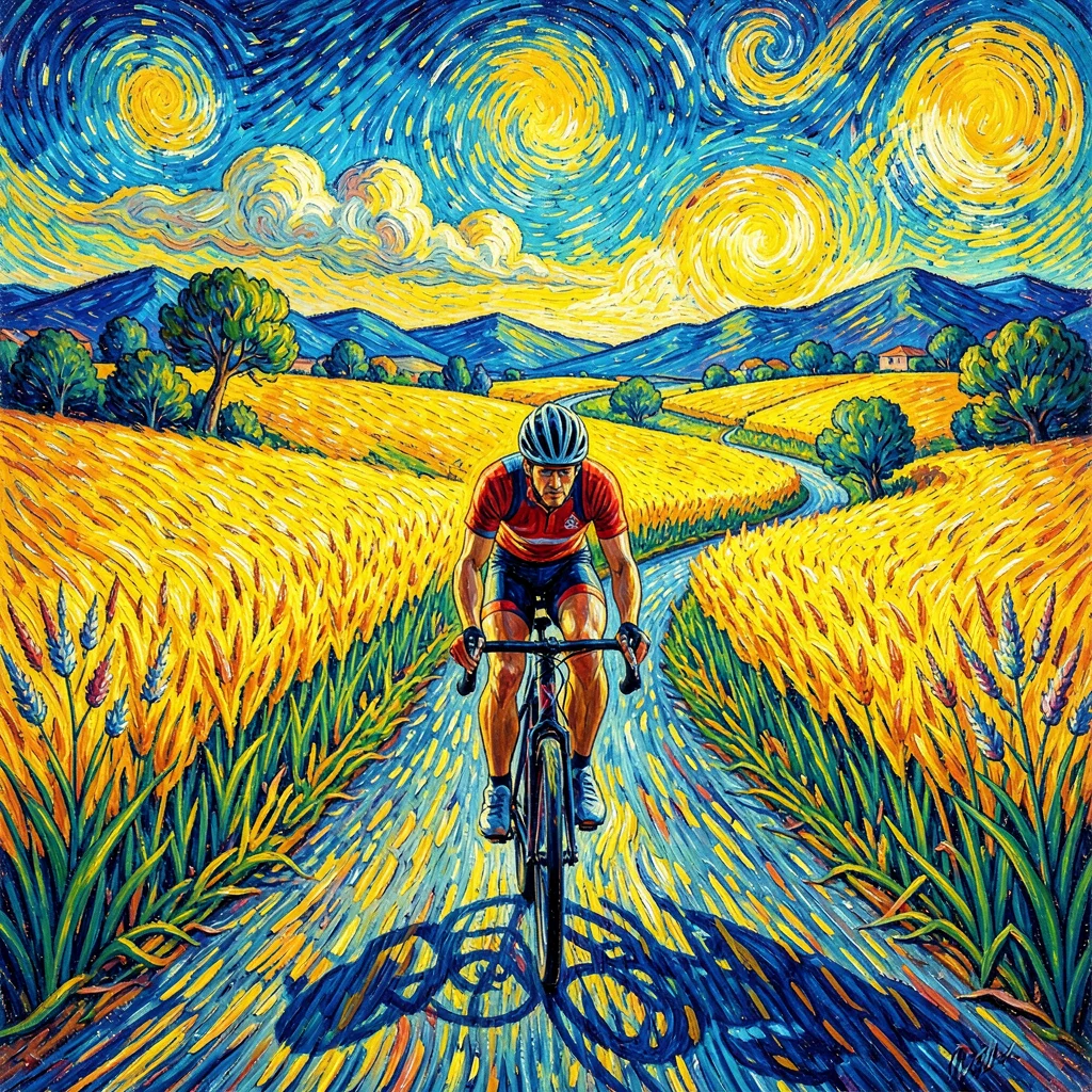 Post-impressionist Provençal intensity, emotional saturated color, A cyclist on 