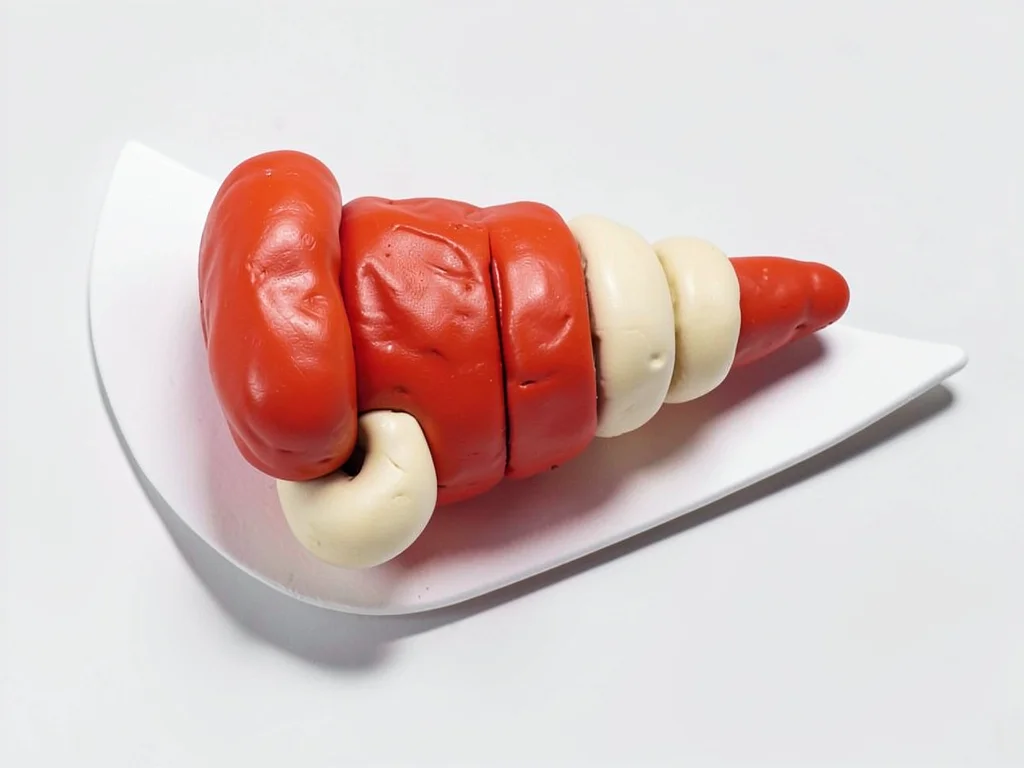 Festive chunky clay party horn in cherry red with stubby cream-toned curl and ov