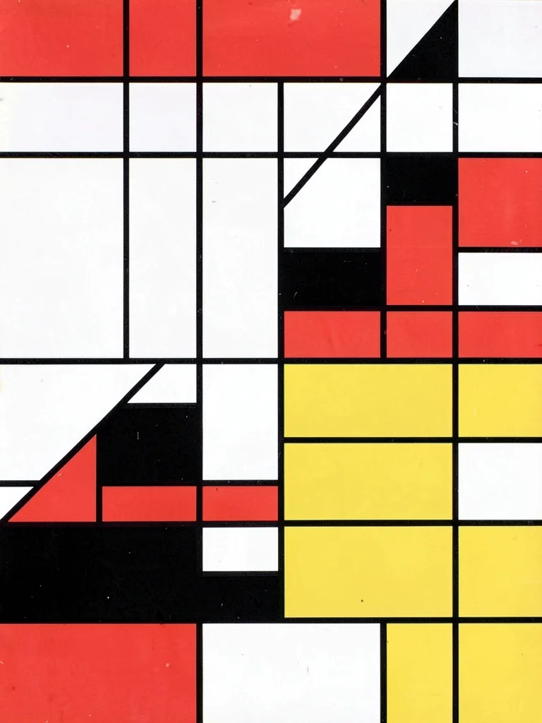 Staircase reduced to interlocking rectangles of red, black, white, and yellow