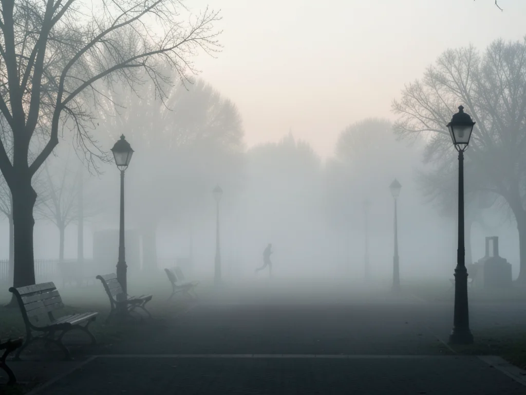 A park at dawn, benches and lamp posts creating ghostly shapes in the mist, a jo