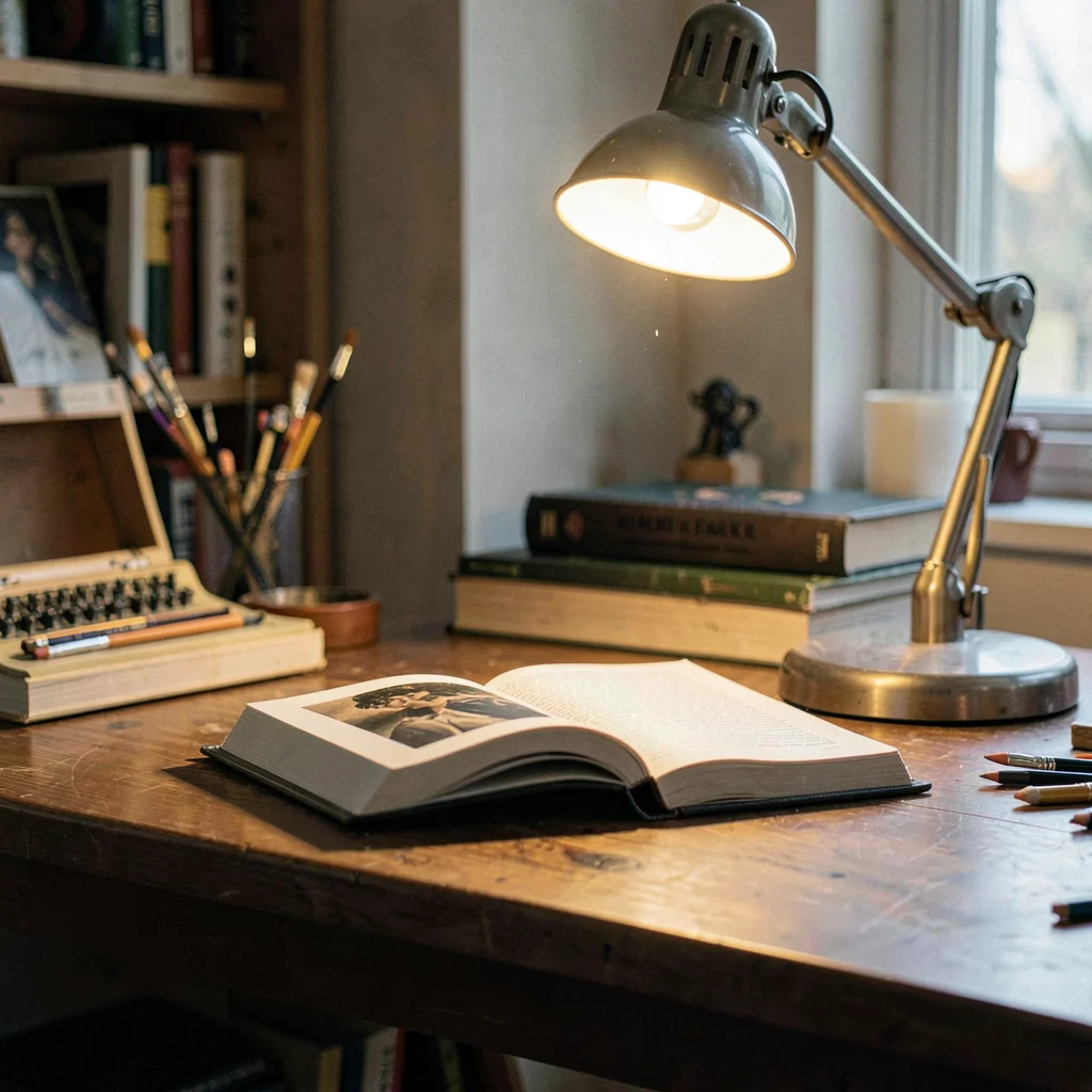 Atmospheric photo of an art-book studio table with a single book open under a de
