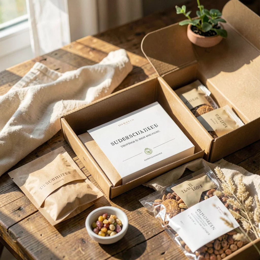 Lifestyle product photograph, Subscription box contents spread out, discovery mo