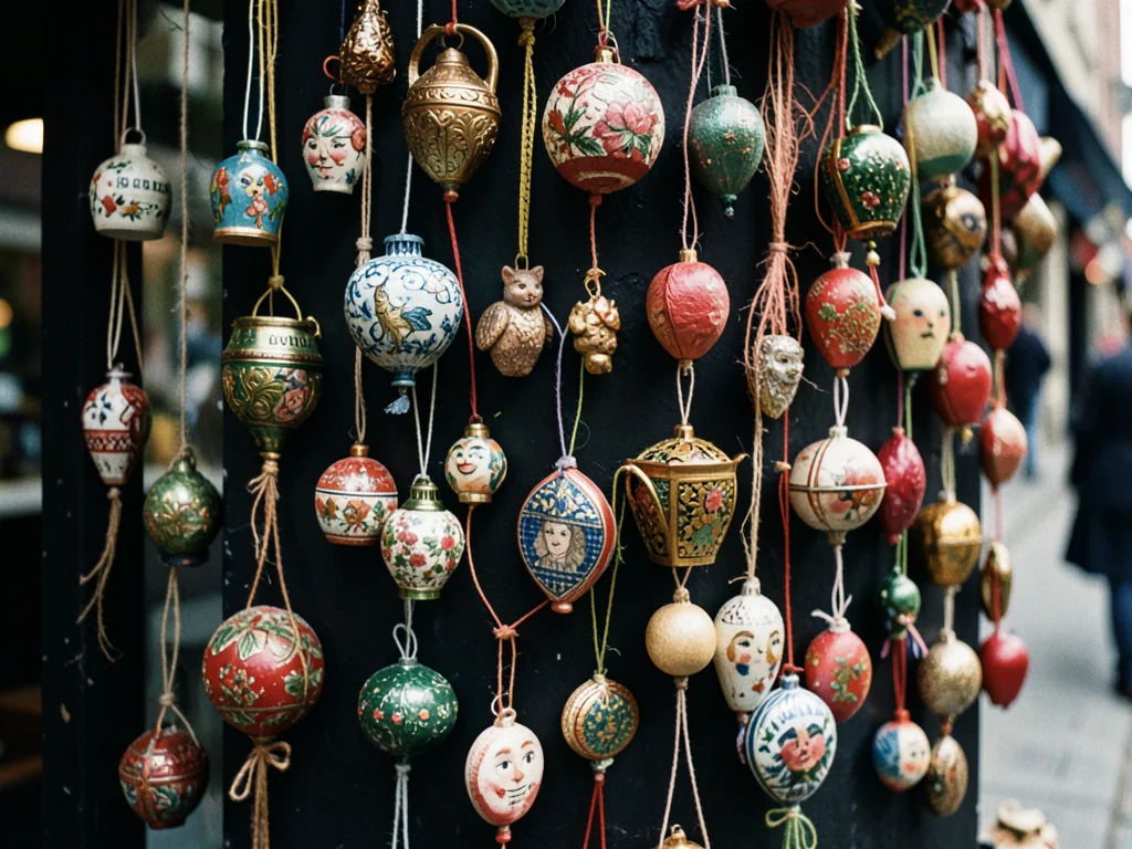 Collection of handmade ornaments on dark background, variety, artisan