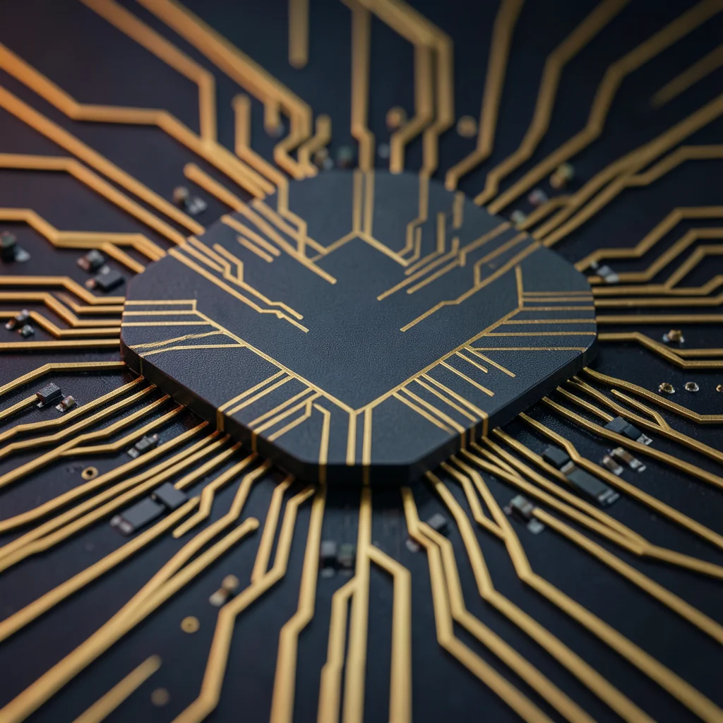 Quantum computing chip extreme close-up, intricate gold pathways on dark silicon