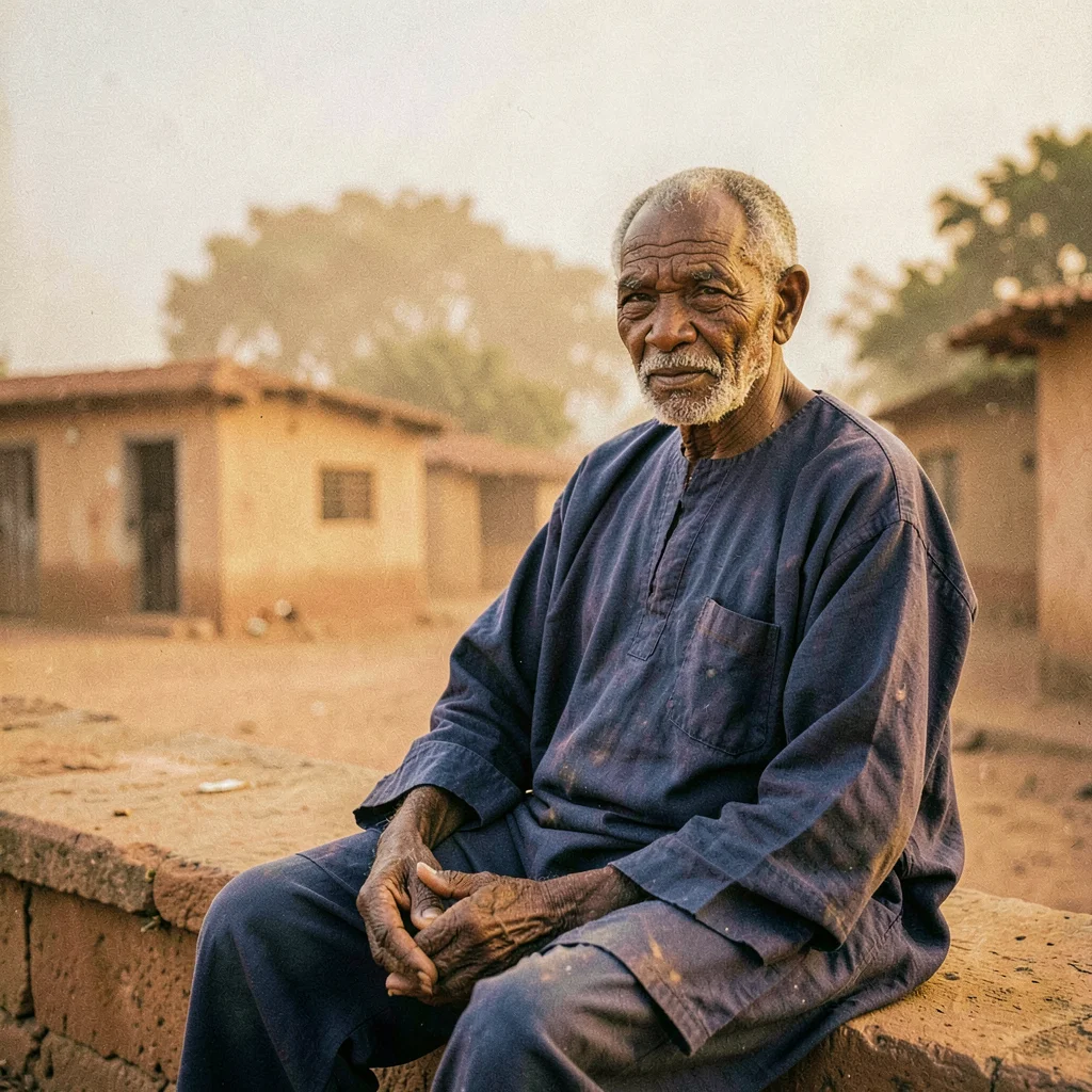 Golden Harmattan dust haze in Bamako, Mali, Old man seated on banco ledge, face 