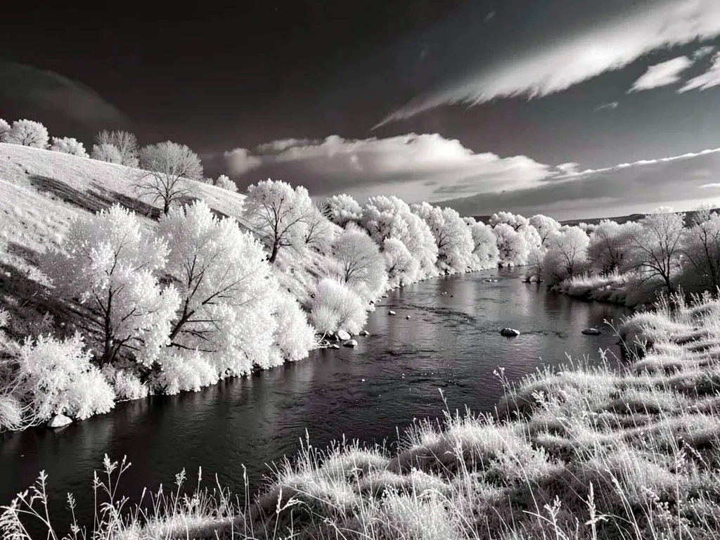 A winding river seen from a low hill — white-lit banks, dark water, dramatic sky