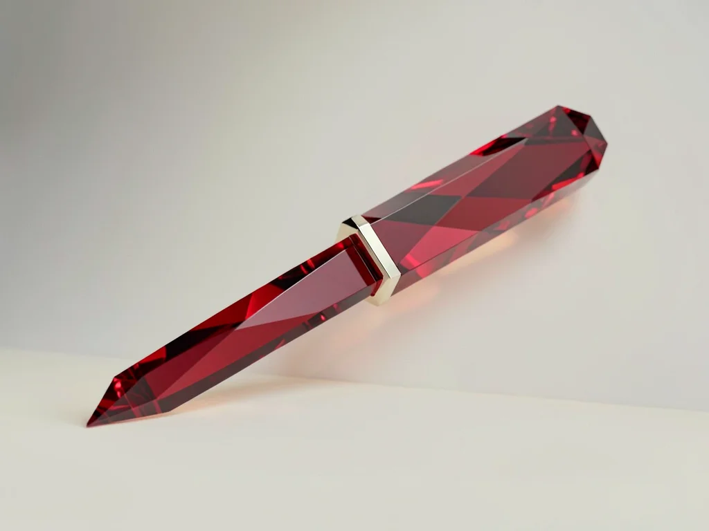 Glassy ruby-red lowpoly utility knife with a slim faceted blade extended and a c