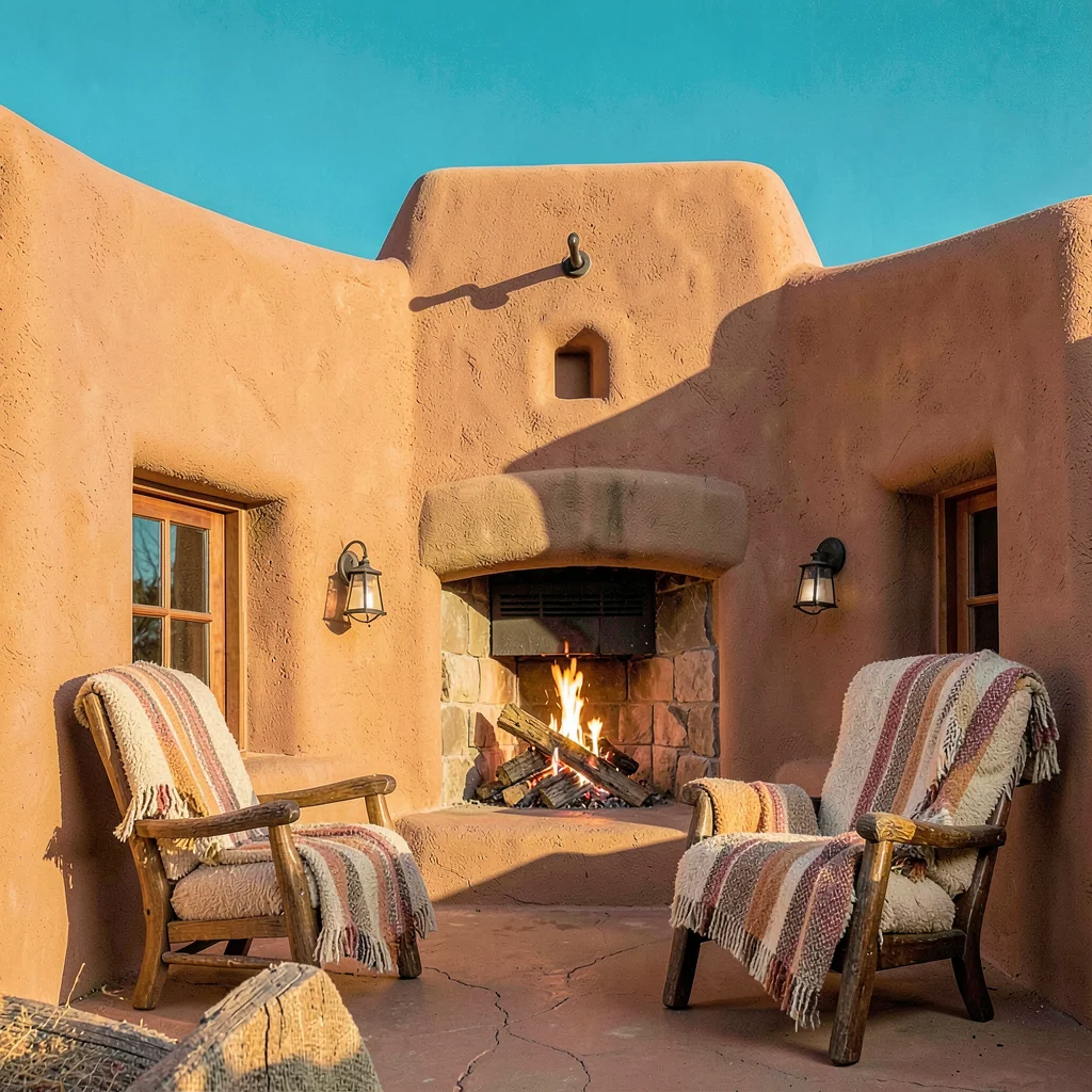 Santa Fe adobe warmth, high desert light clarity, Kiva fireplace with pinon wood