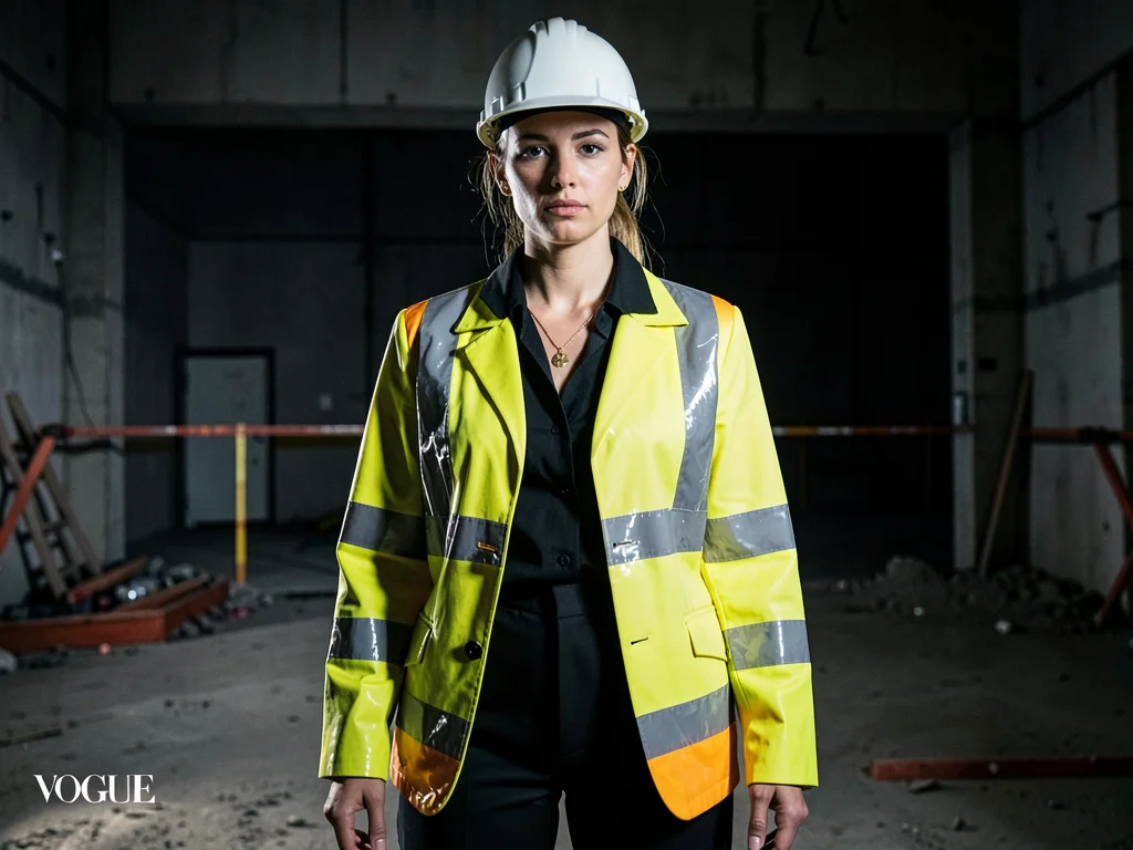 Reflective tape catching studio-quality light, safety stripes as design element