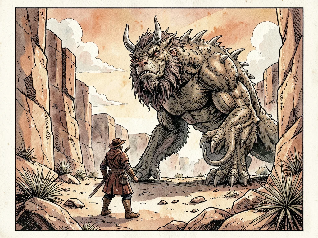 Warrior facing giant creature